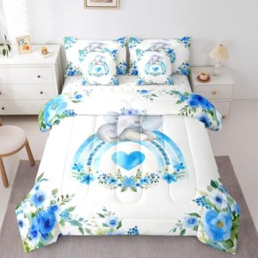 Imagem de Erosebridal Conjunto de edredom solteiro de elefante, arco-íris, estampa de coração, boêmio, colorido, floral, com lençol com lençol com estampa africana de animais selvagens, decoração de quarto