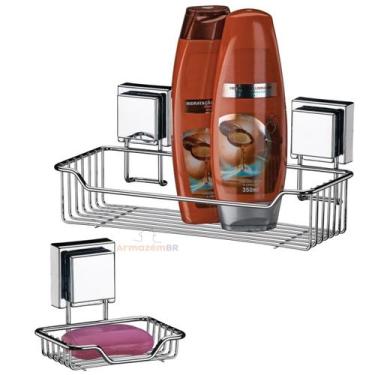 Imagem de Kit Banheiro 2 Peças Suporte Porta Shampoo Saboneteira Com Ventosa Aço