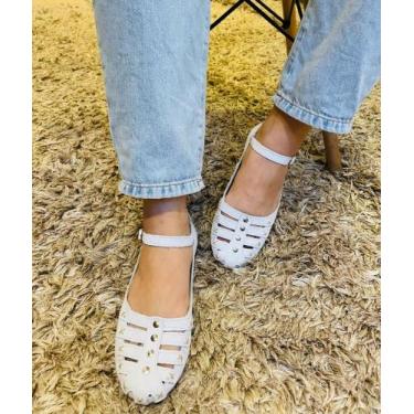 Imagem de sandalia de couro feminina estilo retrô cor branca Izabela Araújo, Bra