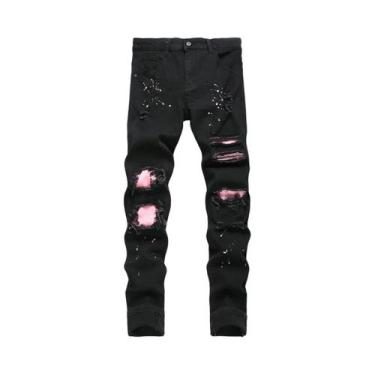 Imagem de Calças Jeans Pretas Estilo Y2K Para Homens, Slim Fit, Casual, Com Rasg