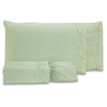 Imagem de Jogo De Cama Lençol Queen Blossom Bordado Floral Percal 300 Fios Com Fronhas 04 Peças - Toque Acetinado Cor Verde