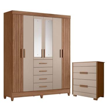 Imagem de Guarda Roupa Solteiro com Cômoda Aruba 6 Portas Giratórias 4 Gavetas MDP com Espelho Carvalho Fendi Fosco