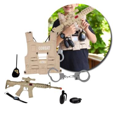 Imagem de Brinquedo Infantil Kit Militar com Acessórios com Colete, Fuzil de Brinquedo, Bússola, Rádio, Granadas e Algema Bege