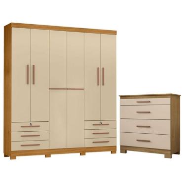 Imagem de Cômoda 4 Gavetas New E Guarda Roupa Casal Londres Carvalho Americano Off White - Incorplac