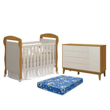 Imagem de Berço Americano Danny Com Colchão Ortobom E Cômoda Com Porta Elfe Classic Areia Savana Acetinado Amadeirado - Reller