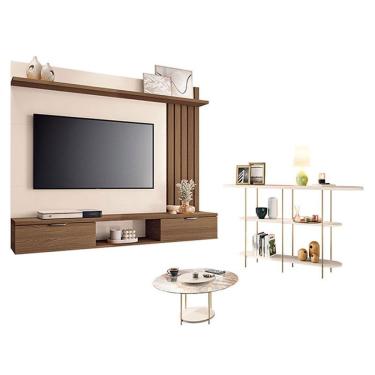 Imagem de Painel Suspenso Lets Com Mesa De Centro Sky Com Tampo De Vidro E Aparador Infinity Castanho Off White - Hb Móveis