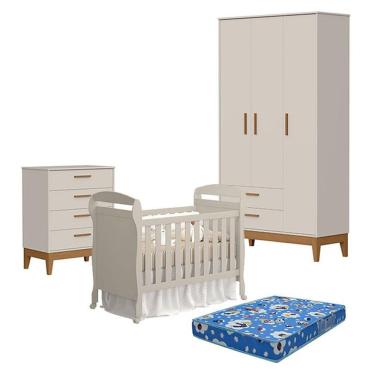 Imagem de Quarto De Bebê 3 Portas Com Cômoda Gaveteiro Flip E Berço Americano Danny Areia Acetinado Com Colchão Ortobom - Reller