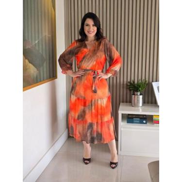 Imagem de Vestido midi elegante em tule manga 7/8 moda evangelica cor:azultamanh