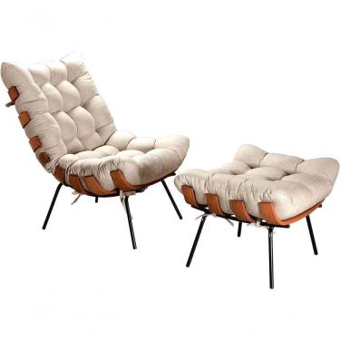 Imagem de Poltrona Com Puff Costela Adão Giratória Linho Bege