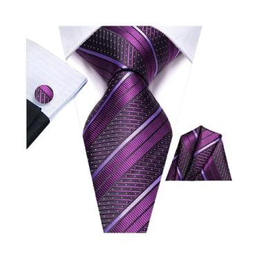 Imagem de Conjunto De Gravata Masculina Com Listras Florais Roxas, Lenço De Bols