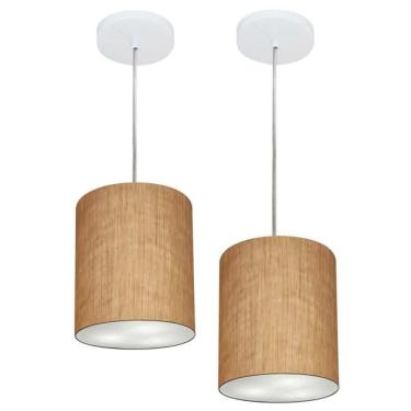 Imagem de Kit 2 Lustres Pendentes Cilíndricos Md-4012 com Cúpula em Tecido 18x25CM Palha Vivare B...