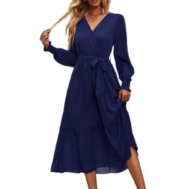 Imagem de Vestido PRETTYGARDEN Envelope Decote V Manga Longa Boho Marinho XL