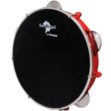 Imagem de Pandeiro 10" Premium Pele Preta Sambrasil para Samba e Pagode Vermelho Liverpool