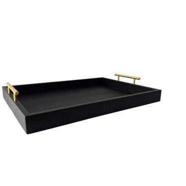 Imagem de Bandeja Alças Metálicas Revestida Corino Preta em Madeira Mdf Croco com Fundo Tnt Carmella Presentes