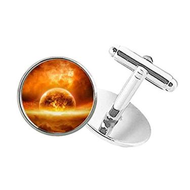 Imagem de DIYthinker Abotoaduras com clipe de botão redondo com estampa de chama, planeta vermelho dourado