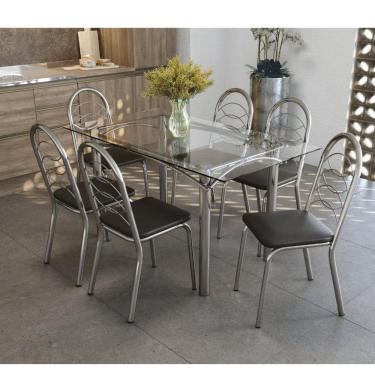 Imagem de Conjunto de Mesa Tampo Vidro Elba com 6 Cadeiras Holanda Crome Kappesberg Cromado/Preto