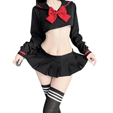 Imagem de Temptshow Conjunto de roupa íntima sexy para cosplay de marinheiro, uniforme escolar, Preto 2, One Size