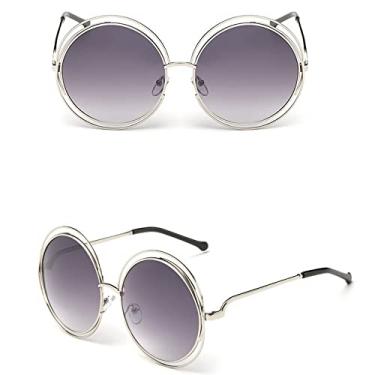 Imagem de Vintage redondo tamanho grande lente espelho óculos de sol feminino designer armação de metal senhora óculos de sol senhora, 6, prata, cinza, outros