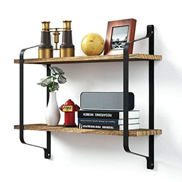 Imagem de Aeumruch Prateleiras de parede de 2 camadas montadas na parede armazenamento de parede de madeira rústica para quarto, sala de estar, banheiro, cozinha, escritório