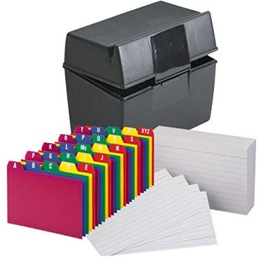Imagem de A caixa de arquivo de plástico com tampa flip de cartão contém 300 5 x 8 cartões, preto fosco, com guias de cartão de poliéster, A-Z, 5 x 8 polegadas, e cartões de índice de peso pesado, 12,7 x 20,32 cm, pautado, branco, 100/pacote (5 x 8 polegadas)
