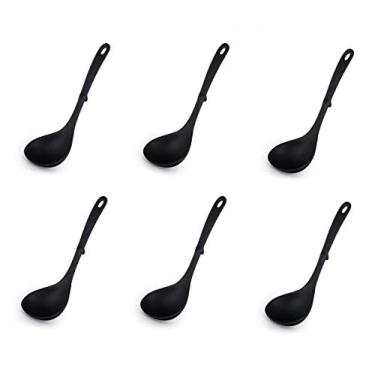 Imagem de Coleção Hinomaru Colher de sopa de melamina preta fosca Won Ton Noodle Soba Soup Spoons para casa ou restaurante Kitchen Supply, Preto, 8"L, 6