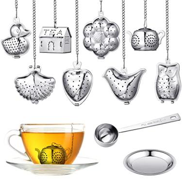 Imagem de 10 conjuntos de infusor de chá de folhas soltas conjunto de coador de chá de aço inoxidável para suporte de chá solto bola de infusor filtro de chá inclui ganchos de corrente e bandejas de gotejamento com colher de chá para preparar folhas de chá