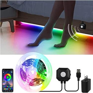 Imagem de Luz USB debaixo da cama com controle de APP, luzes de tira de LED para cama ativada por movimento de 9,84 pés, luzes noturnas de LED 5050 RGB com sincronização de música e temporizador para cama, guarda-roupa, armário, decoração de escada