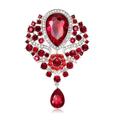 Imagem de JewelBeauty broche feminino de cristal prateado buquê flor lágrima grande lindo buquê broche, Vermelho