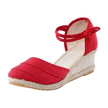 Imagem de Sandálias femininas de linho onduladas plataforma sandálias de cunha moda versátil fivela trançada respirável sandálias plataforma feminina 7 (vermelho, 10)
