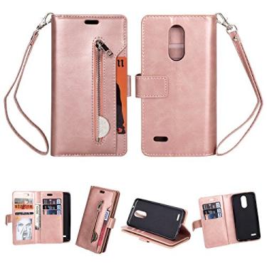 Imagem de Capa para LG K10 2017, carteira de couro PU Folio Flip Case com zíper bolsos para cartão fecho magnético capa protetora à prova de choque com alça de pulso para LG K10 2017 (rosa)