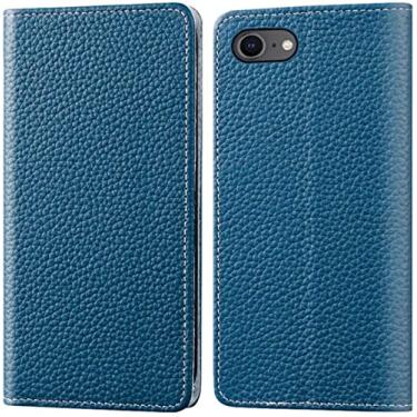 Imagem de VEVEL Litchi Pattern Flip Case Holster para Apple iPhone SE3 (2022) 4,7 polegadas, carteira de couro magnética Folio Kickstand capa de telefone [porta-cartão], vinho tinto (cor: azul)