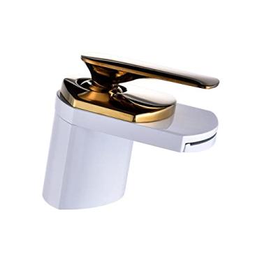 Imagem de Todas as torneiras de latão dourado/com acabamento cromado/níquel escovado torneira de lavatório montada no convés com cascata torneira misturadora, branco, dourado