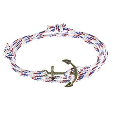 Imagem de West Coast Paracord Pulseiras masculinas ajustáveis com âncora náutica e anzol - Feito de corda de nylon (vermelho branco azul, âncora de bronze)