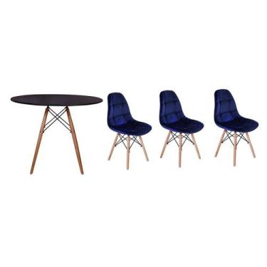 Imagem de Kit Mesa Jantar Eiffel 80cm Preta + 03 Cadeiras Botonê Veludo - Azul M