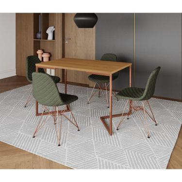 Imagem de Mesa Jantar Industrial Retangular Canela 120x75 Base V com 4 Cadeiras Estofadas Verdes Base Cobre 