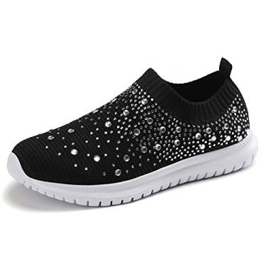 Imagem de Tênis feminino de malha para caminhada, strass, glitter, sem cadarço, para salão, jazz, dança latina, meia, Preto, 34
