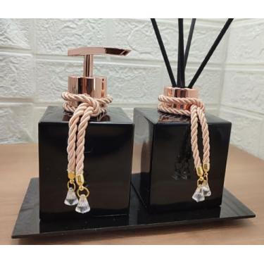 Imagem de Kit Lavabo Jogo Para Banheiro Difusor Porta Sabonete Líquido Bandeja Decorativa-Dispenser Frasco Aromatizador Organizadores e Decoração Banheiro-Preto e Rosê Gold-Luiggi Presentes®
