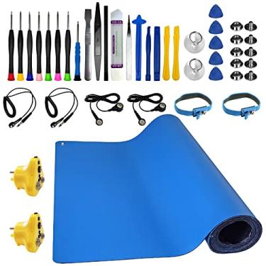 Imagem de Tapete de borracha ESD KooMall 37 em 1, texturizado para piso de bancada com kit de plugue de aterramento antiestática e ferramentas de reparo para solda, PC, celular, laptops, tablets, almofada,