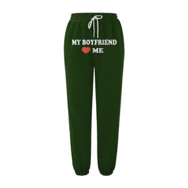 Imagem de My Boyfriend Love Calças de moletom outono/inverno roupas para mulheres estampado bolso cintura elástica moletom de lã (verde, M)