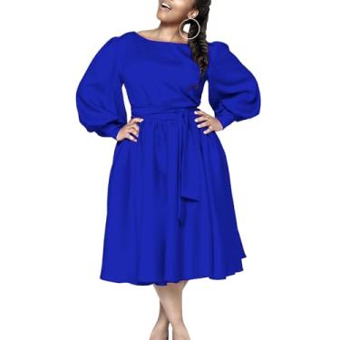 Imagem de Feminino verão Gravata Cintura Frontal Crew Neck Manga Longa Plissado Uma Linha Flared Casual Midi Dress,Blue,3XL