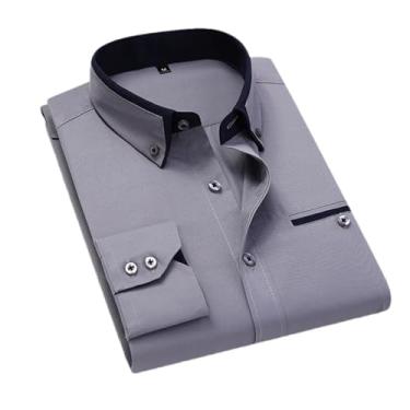 Imagem de Camisa casual estilosa com gola dupla listrada masculina de manga comprida sem passar a ferro, Cinza 9, XXG