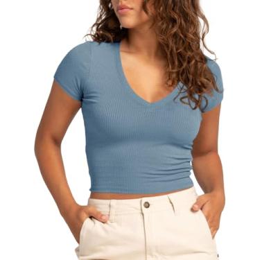 Imagem de Tankaneo Camisetas femininas de verão cropped manga curta gola V slim fit malha canelada camisetas básicas Y2k top, Azul, M