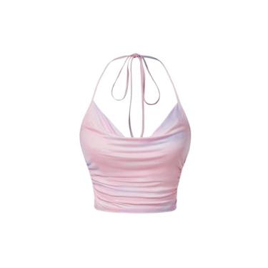 Imagem de OYOANGLE Blusa cropped feminina tie dye franzido frente única amarrada frente única drapeada slim fit Y2k sem mangas, rosa, G