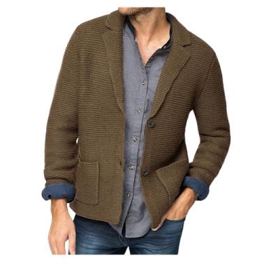 Imagem de Suéter masculino de malha com gola de lapela cardigã cor sólida suéter de botão manga longa casual, Cáqui, XXG