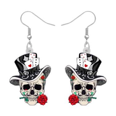 Imagem de DALANE Brincos de crânio de açúcar assustadores de acrílico de Halloween, pingente de flores, joias para mulheres, meninas, crianças, pingentes, presentes de festa, Medium, Acrílico, Sem pedra