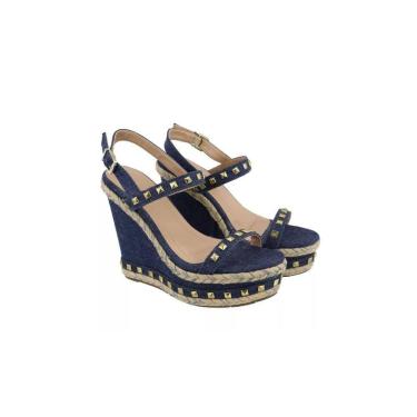 Imagem de Sandália Anabela Feminina Plataforma Jeans Fivela Spikes Elegante Salto Alto