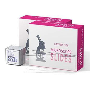 Imagem de Vabiooth Kit de lâminas de microscópio de borda redonda, 100 peças de lâminas de microscópio em branco pré-limpas e 100 peças de vidro quadrado de 22 x 22 mm para microscópios monoculares binoculares
