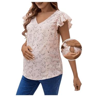 Imagem de BEAUDRM Camiseta feminina para gestantes, estampa floral, manga cavada, gola V, babados para gravidez, rosa, M