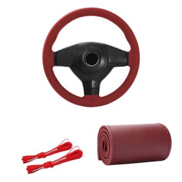 Imagem de Kewucn Capa de volante de couro genuíno, protetor universal de volante de carro de 15 polegadas com linha de agulha, capa de volante antiderrapante respirável DIY Stitch on Wrap (vinho, brilhante)