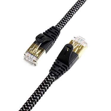 Imagem de Tera Grand – Cabo de patch Ethernet premium CAT7 blindado duplo 10 Gigabit 600 MHz para rede LAN de roteador de modem – Construído com conectores RJ45 banhados a ouro e blindados, Black & White - Braided - Flat, 25 FT